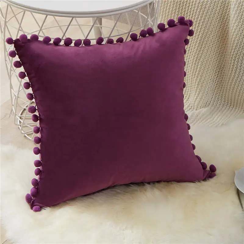 

Soft Velvet Cushion Covers Solid Pillowcases Square Decorative Pillows With Balls for Sofa Bed Car Home Throw Pillow Teal Pink