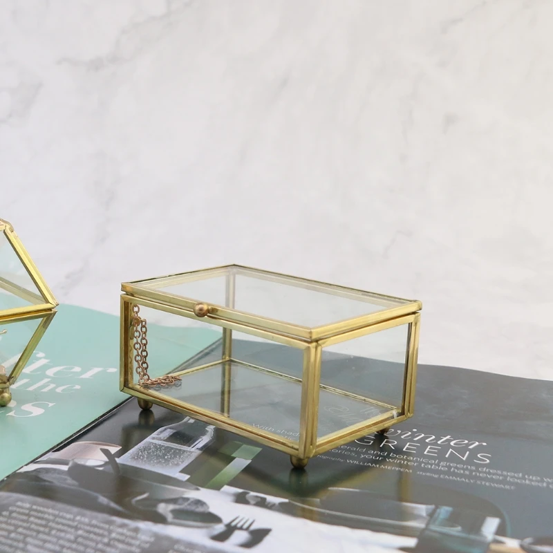 

Vintage Minimalist Jewelry Box Golden Metal Frame Clear Glass with Lids Hinge Chains Decorative Storage Box Display Case
