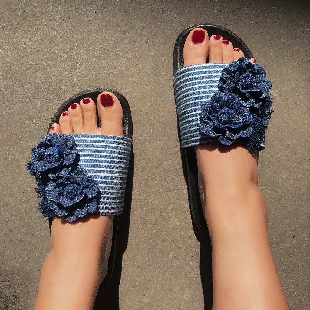 women's Indoor Slippers Flip-Flops Denim Flowers Breathable Flats Open Toe Shoes woman Casual beach sandalia feminina | Обувь