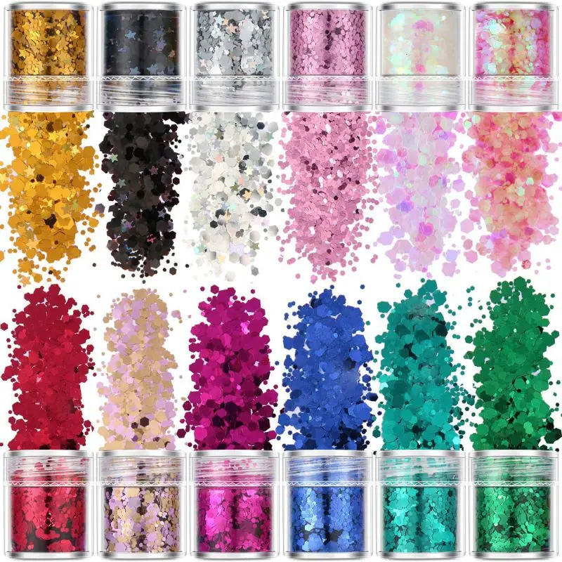 

Geneic 12 Colors Mixed Holographic Makeup Chunky Glitter Face Body Eye Hair Nail Epoxy Resin Festival Chunky Hexagons Glitters