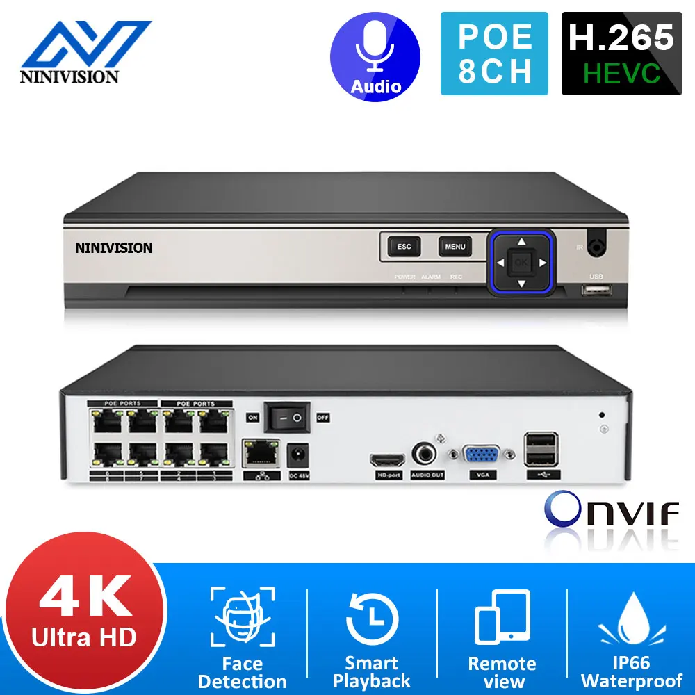 

Система видеонаблюдения, 4 канала, 8 Мп, 48 В, POE, NVR, H.265, AI-датчик лица, ONVIF, для IP-камер POE