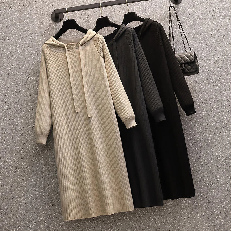 

Ladies knit dress Plus size women's clothing Hooded knitted skirt A-line skirt Women's autumn and winter dresses