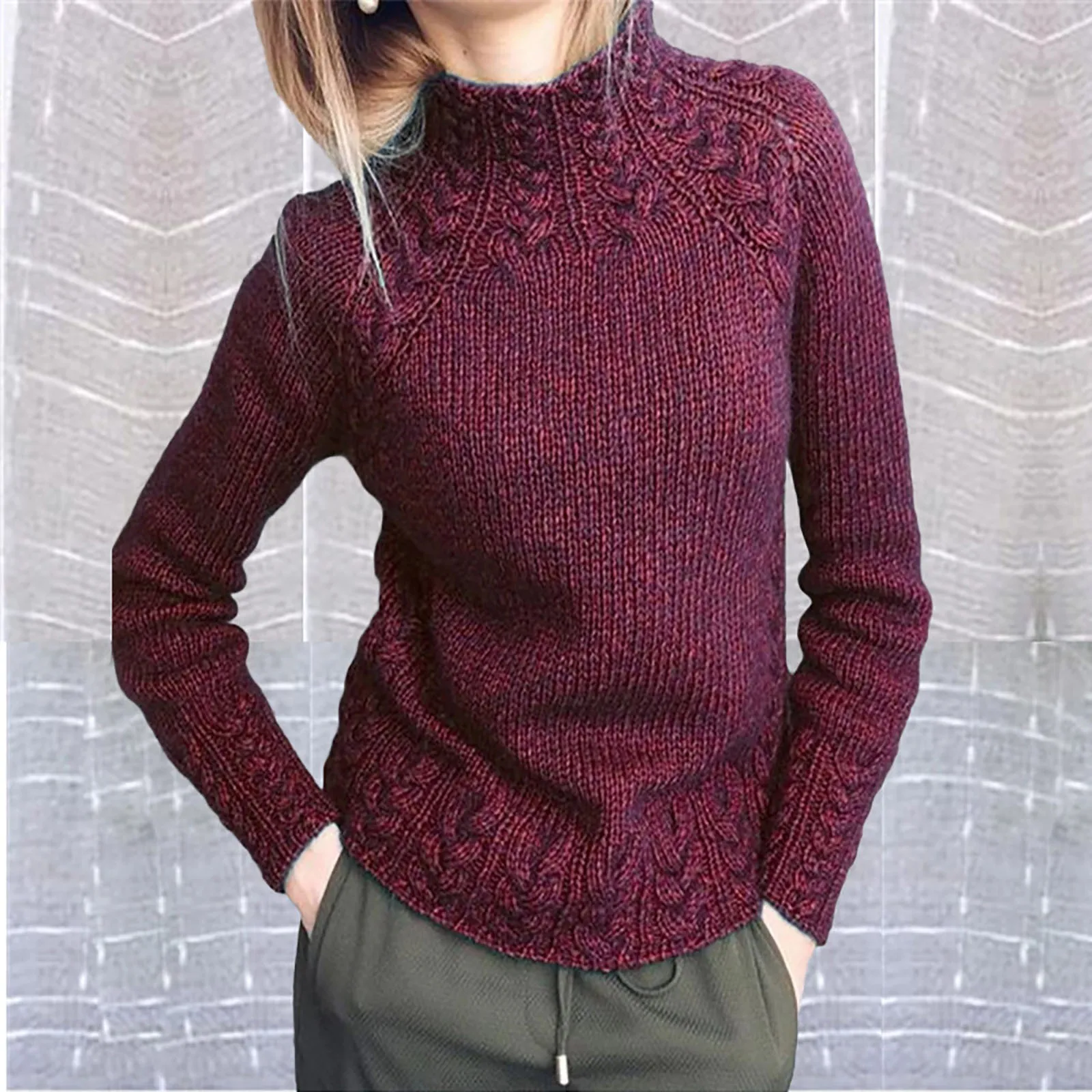 

Women Long Sleeve Solid color Half High Collar Top Casual Loose Knitted Sweaters high quality