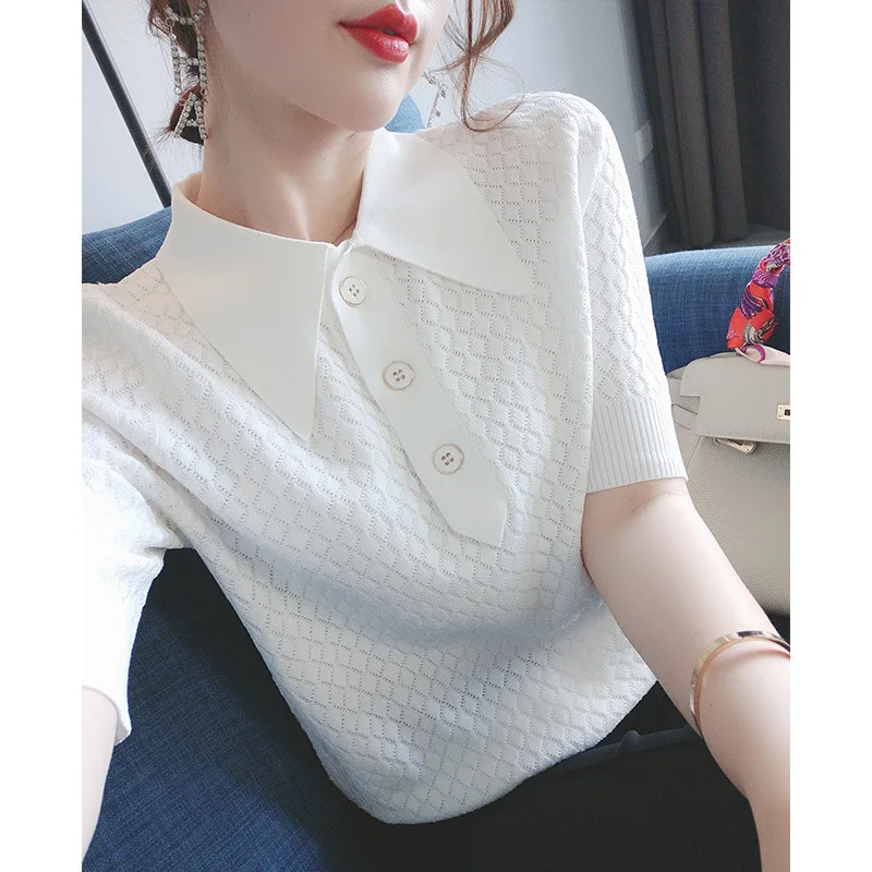 

2021 summer new polo collar thin ice silk knit shirt T-shirt fashion casual show thin Xiaoxiang ladies fashion fashion
