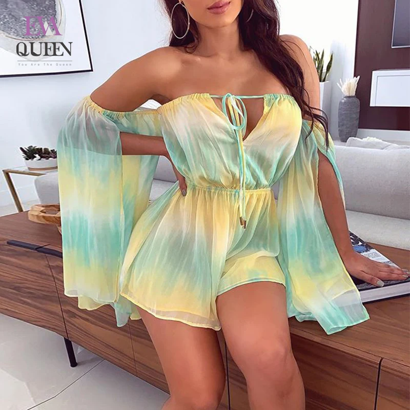 

EvaQueen Chiffon Colorful Loose Playsuit For Women Hollow Out Patchwork Summer Casual Overall Backless Bow Tie Date Loose Romper