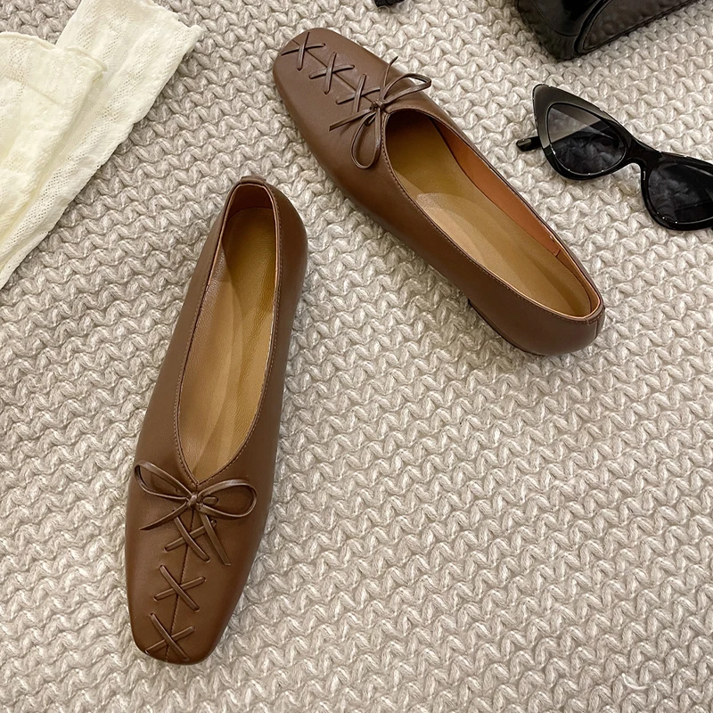 

QUTAA 2021 Square Toe Lace Up Bowknot Female Flats Shoes Genuine Leather Spring Autumn Women Flat Heels Size 34-40