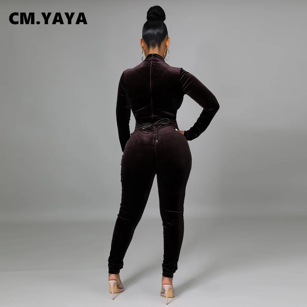 Женский бархатный Облегающий комбинезон CM.YAYA с вырезами и кружевом длинным
