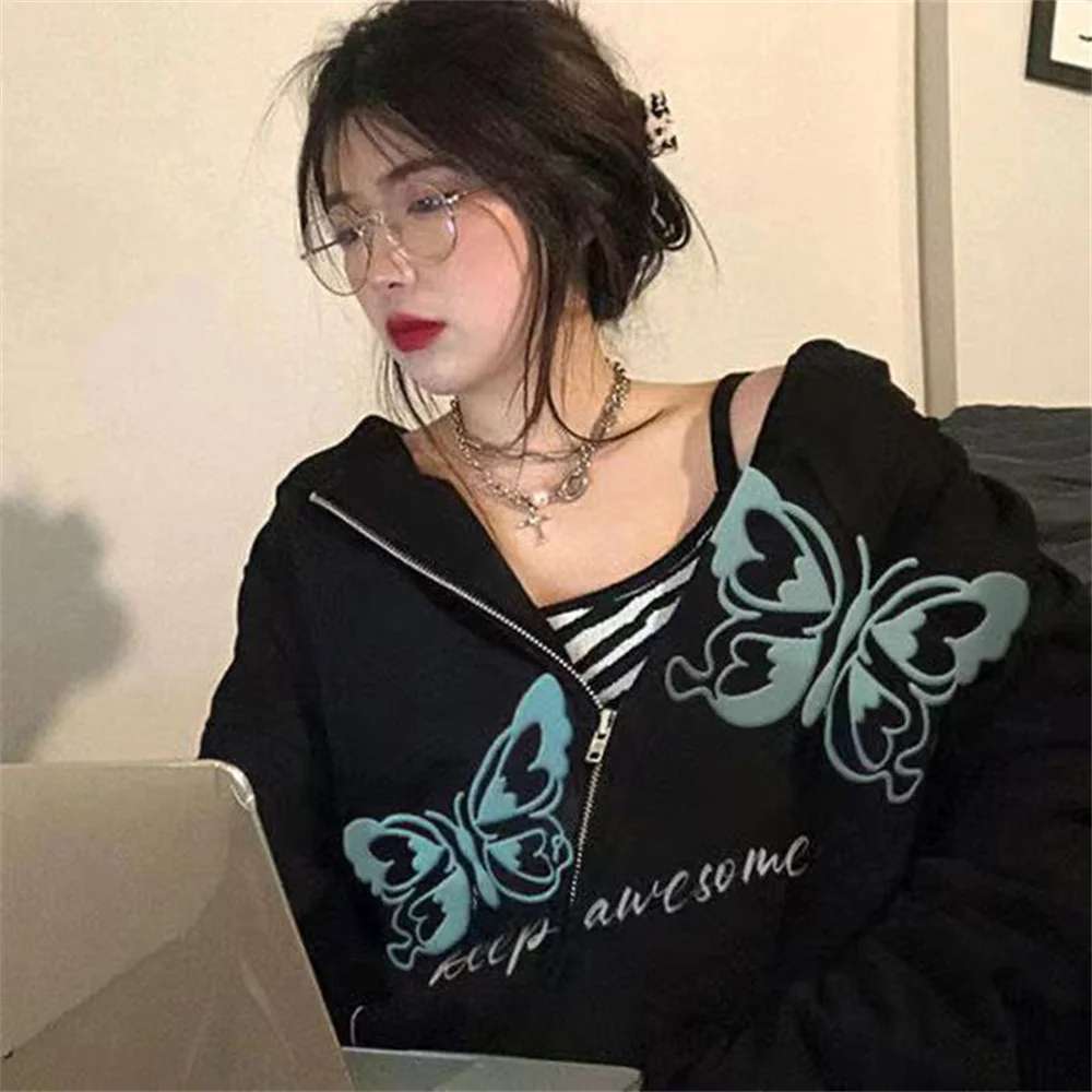 

Autumn Butterfly Black Women Hoodies Harajuku Loose High Street Streetwear Zipper Hoodie Pocket Casual Pullovers Tops Coat
