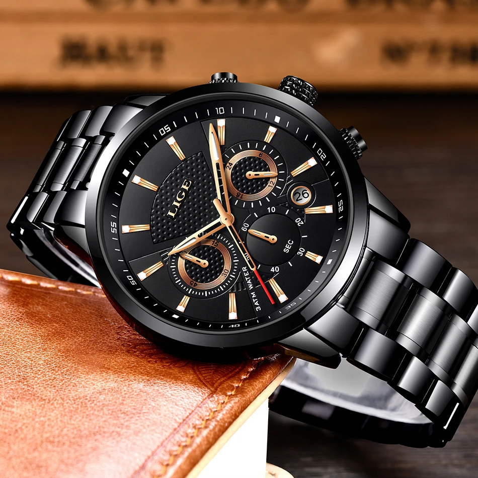Reloj hombre модные золотые мужские часы lige top класса люкс Бизнес Нержавеющая сталь Водонепроницаемый кварцевые часы Для мужчин, спортивные часы