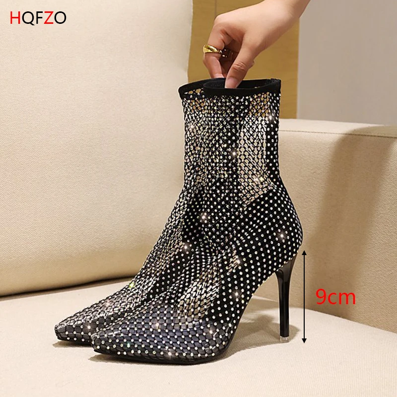 

HQFZO Hollow Out Mesh Rhinestone Women Ankle Boots High Thin Heels 9cm Sexy Party Shoes Elastic Sock Pointed Toe Bling Botas