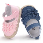 Летняя обувь для новорожденных девочек, мягкая Нескользящая однотонная обувь для первых шагов в кроватке с оборками, для начинающих ходить