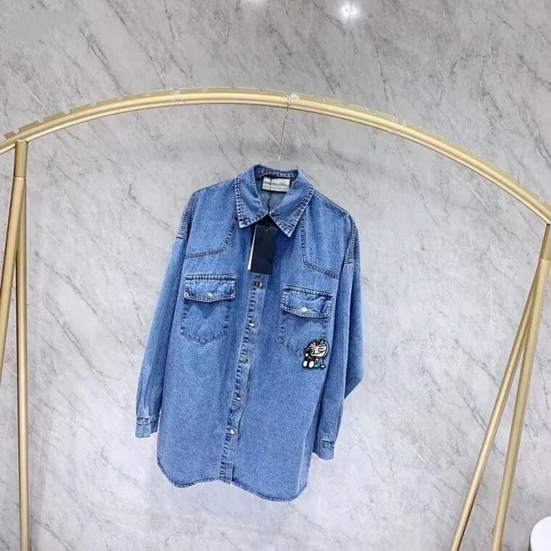 

2021 early spring new thin denim shirt children's cat evokes childhood memories embroidery pattern