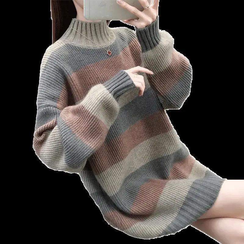 

Winter Striped Women Pullover Sweater Loose Long Sleeve Thick Turtleneck Knitted Jumper Sweater Coat Casual Ladies Top