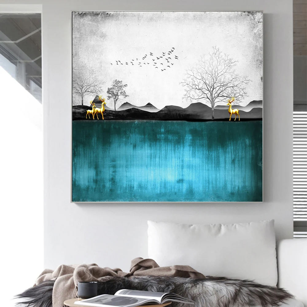 Горное озеро елка лося Картина Пейзаж абстрактная живопись плакат Nordic украшения
