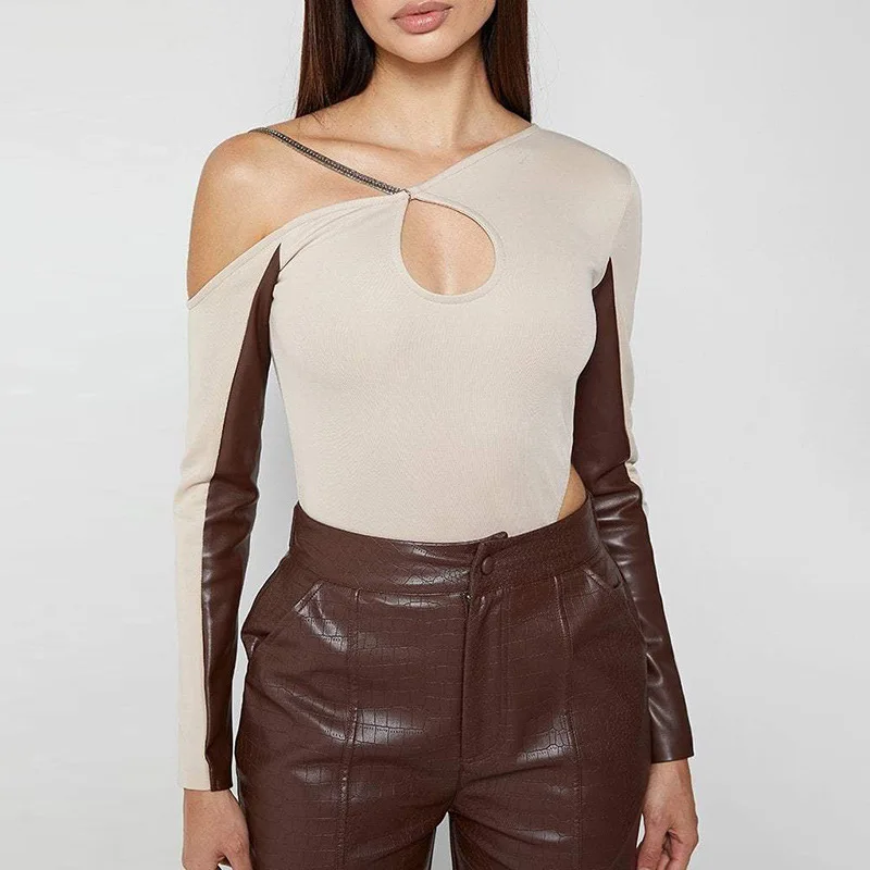 

WHOUARE Women Tshirt Slim Aesthetic Long-Sleeved Women Top Contrast Color Stitching Oblique Shoulder Sleeves Casual Women Blouse