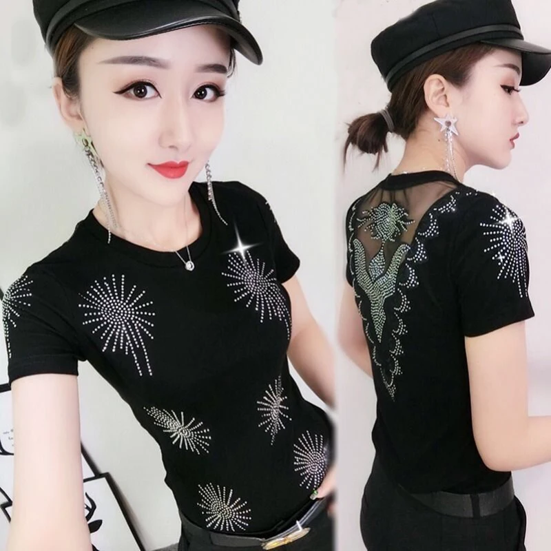 

2020 Women Summer Black T shirt Beauty Lace Short-sleeved Open Back Hot Diamond Fashion T-shirt