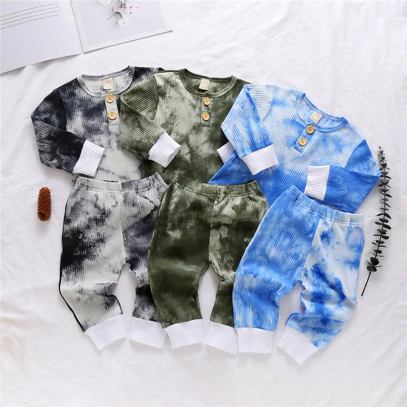 

Infant Tie-dye Suit Long Sleeves + Trousers, Button Decoration Elastic Waist Ribbed Closing Spring Autumn Clothing Set 0-3Y