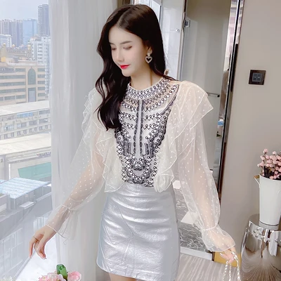 

Женская шифоновая блузка с вышивкой, Элегантная блузка в горошек с расклешенным рукавом и оборками размера плюс