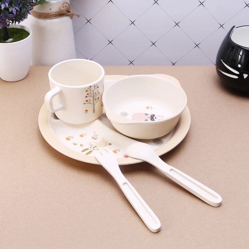 5 шт. тарелка для кормления ребенка вилки ложка чашка набор посуды Бамбуковая