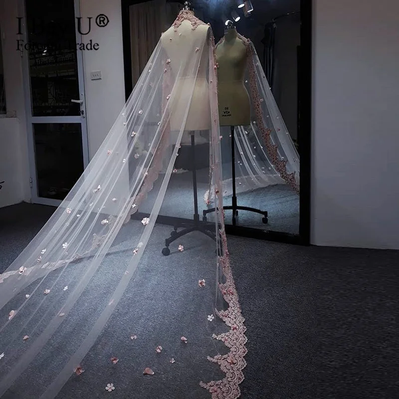 Розовая цветочная 3d-накидка для невесты длинная фата с бусинами мантилла цвета