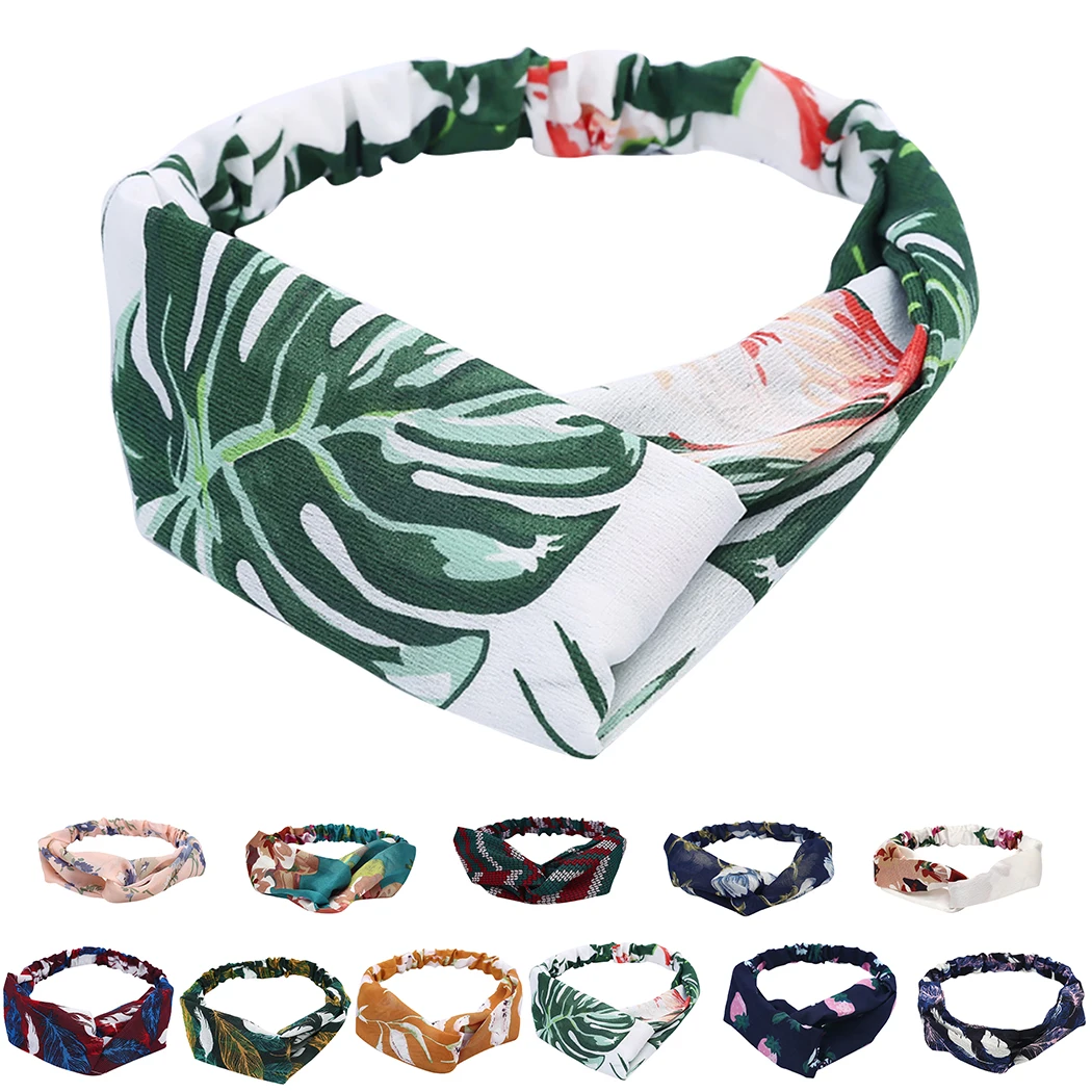 

Печатная шифоновая шелковая повязка на голову, элегантная эластичная винтажная лента для волос крест-накрест, тканевая повязка на голову, а...