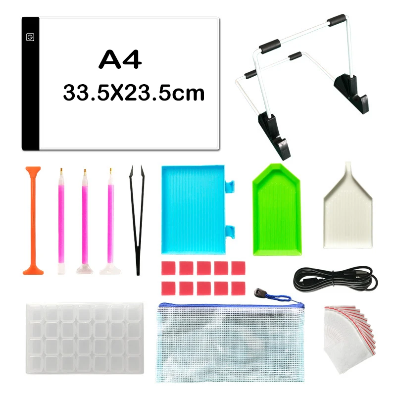 

Diamond Painting Cross Stitch Tool Set A4 LED Light Pad, Pen, Tweezers, Clay, Tray, Roller and Diamond Embroidery Box Accessorie
