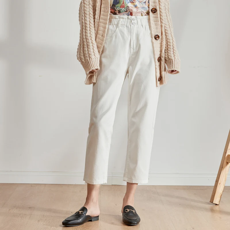 white 9106 Женские шаровары из денима LEIJIJEANS, джинсы-капри на двух пуговицах с поясом на резинке и высокой посадкой, модель 9106 большого размера на осень - Цвет: white 9106
