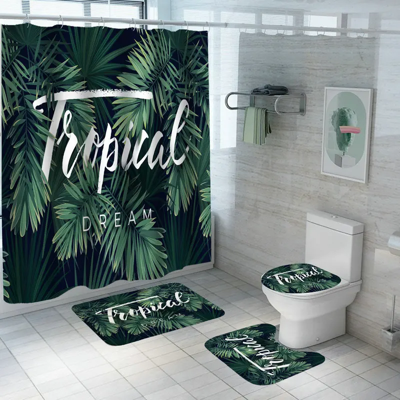 bathroom shower curtain green tropical plant leaves bamboo printed for bath anti slip mat sets toilet cover kitchen carpet free global shipping