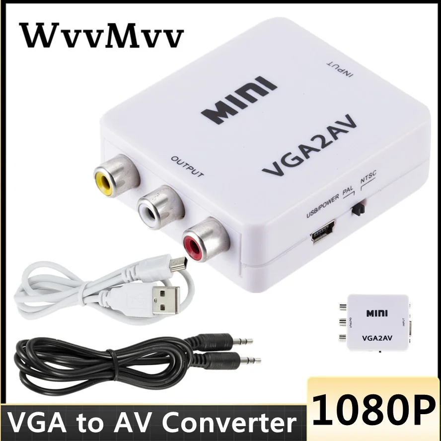 

WVVMVV 1080P Mini VGA to AV Converter Adapter with 3.5mm Audio Cable VGA to AV HD Converter For PC to TV HD Computer to TV HD