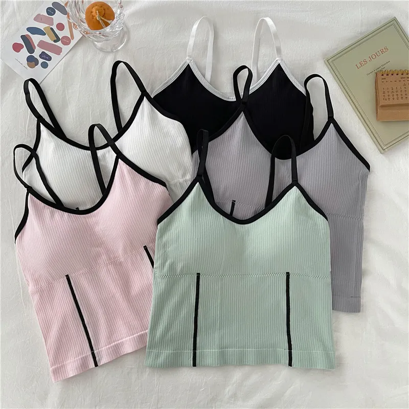 

Women Crop Top Sports Simple Tops Wirefree Striped Padded Underwear For Girls Non-Convertible Adjusted-Straps Camisole