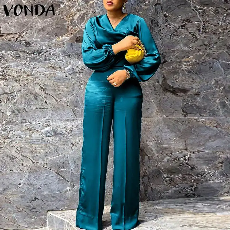 

Осенние сексуальные длинные Комбинезоны с V-образным вырезом и пышными рукавами 2022 VONDA женские широкие брюки палаццо пятнистый комбинезон б...