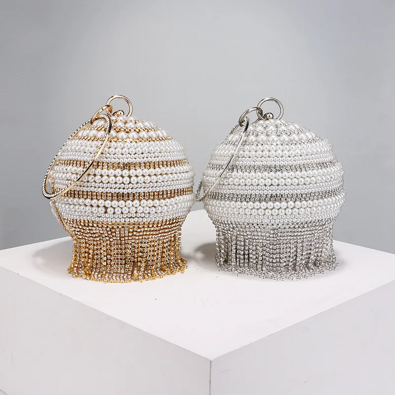 

Ball Design Tassel Rhinestones Lady Handbags Pearl Handmade Style Party Wedding Diamonds Clutch For Dress Evening Bags