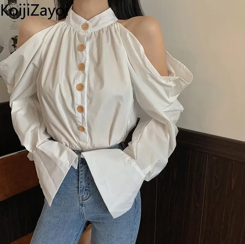 

Koijizayoi Sexy White Shirt Office Lady Long Sleeves Off Shoulder Blouses Fashion Women Spring Autumn Blusas Slim Korean Shirts