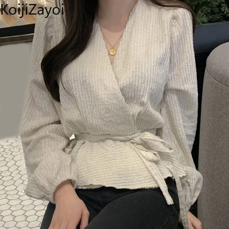 

Koijizayoi Women Fashion Long Sleeve V-neck Blouse 2022 Spring Autumn Slim Office Shirts Elegant Ladies White Black Cropped Tops