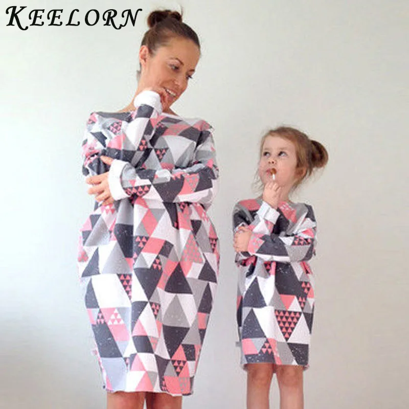 Keelorn/одинаковые комплекты платье для мамы и дочки г. Костюм для родителей и ребенка одежда с длинными рукавами и геометрическим принтом для мамы и дочки
