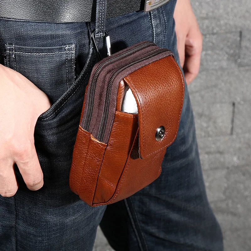 

Multifunctional 7 Inch Soil Color Brown Leather Zipper Three Layer Belt Mobile Phone Waist Bag New Vertical Manufacturer