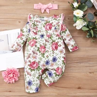 baby girl romper baby girl clothes spring fall 2 pcs sets flower print ruffles long sleeve baby rompersheadband cotton 0 18m