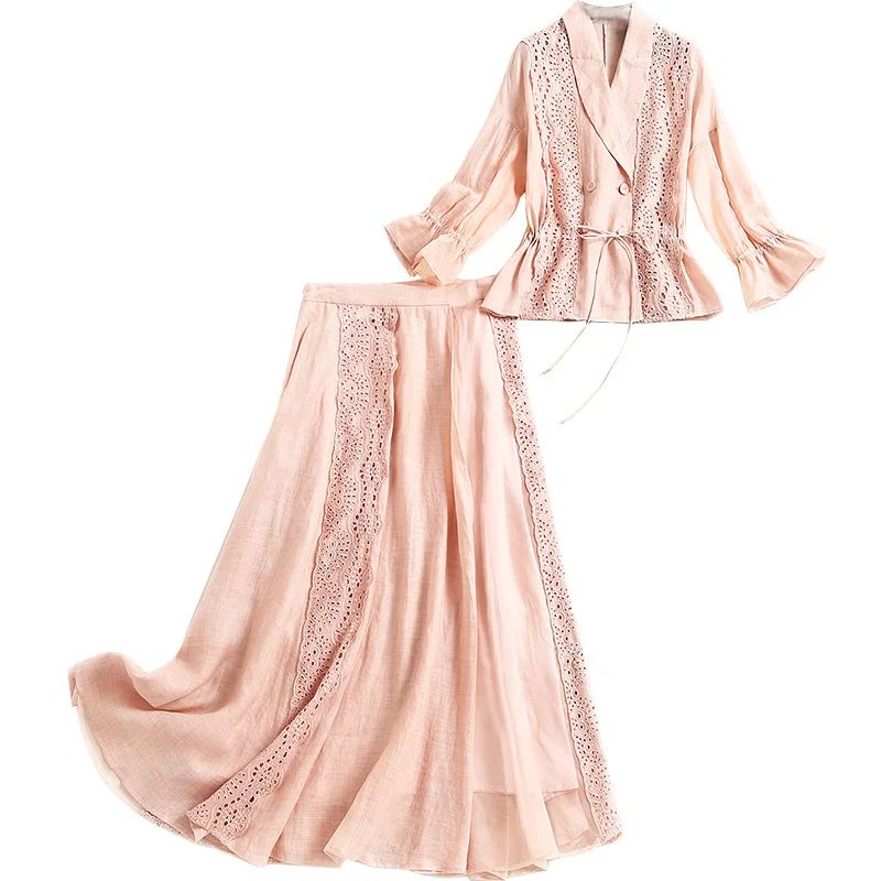 

Luxury ramie linen embroidered women blazer suit 2021 spring summer organza silk skirt set elegant pink two piece outfits