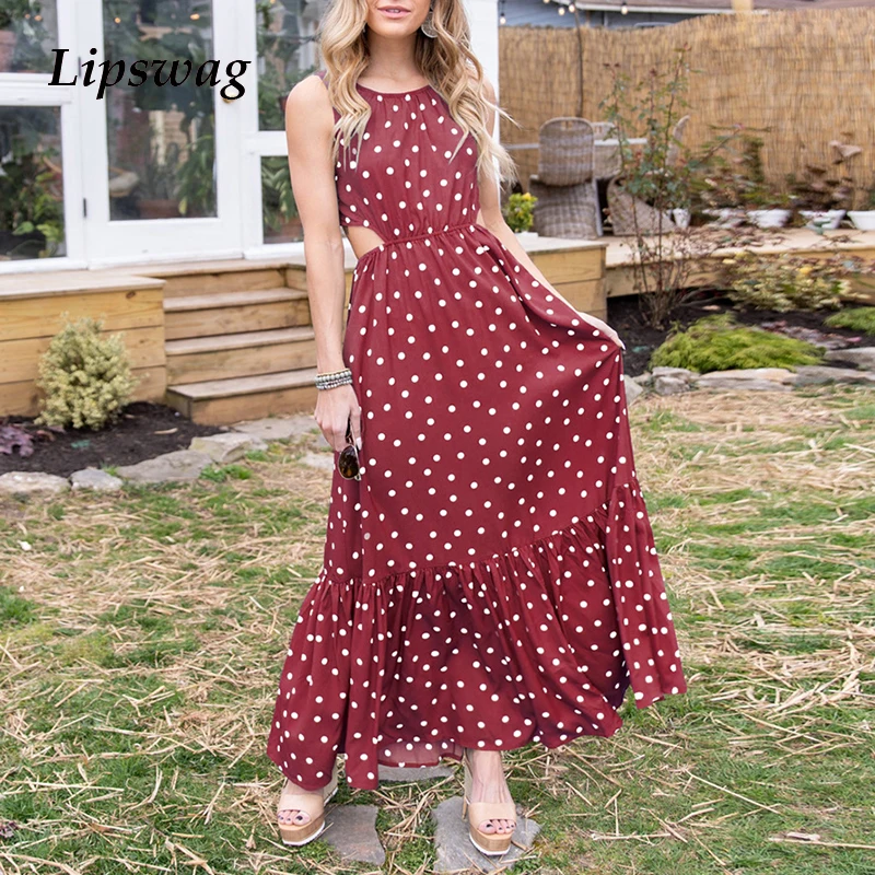 

Женское длинное пляжное платье, повседневное элегантное платье в европейском и американском стиле с лямкой на шее и волнистой юбкой, весна-...