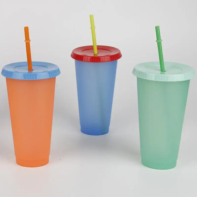 

700ml/473ml Straw Cup With Lid With Logo Color Change Coffee Cup Reusable Cups Plastic Tumbler Matte Finish Reusable Plastic Cup