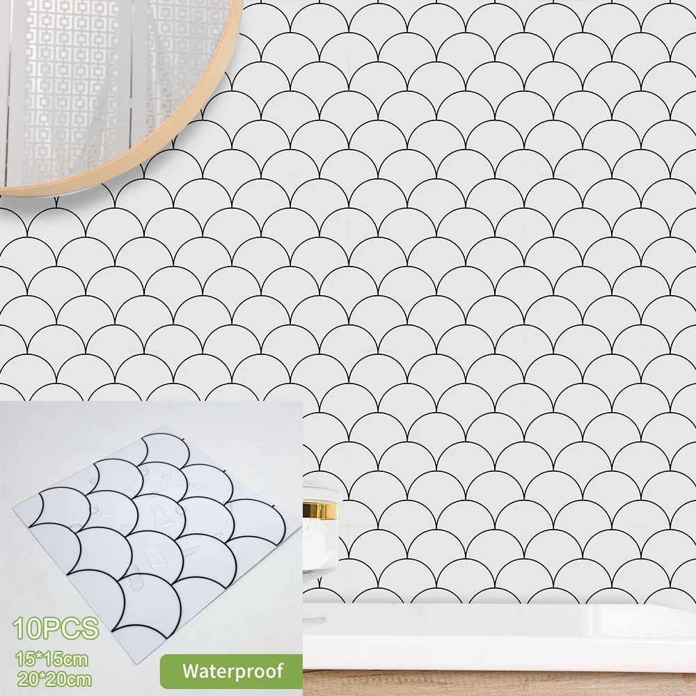 10pc Hotel Fish Scale Tiles Sticker Kitchen Decoration Accessories Bathroom DIY Self-adhesive Fan-shaped Tile Home Decor - купить по
