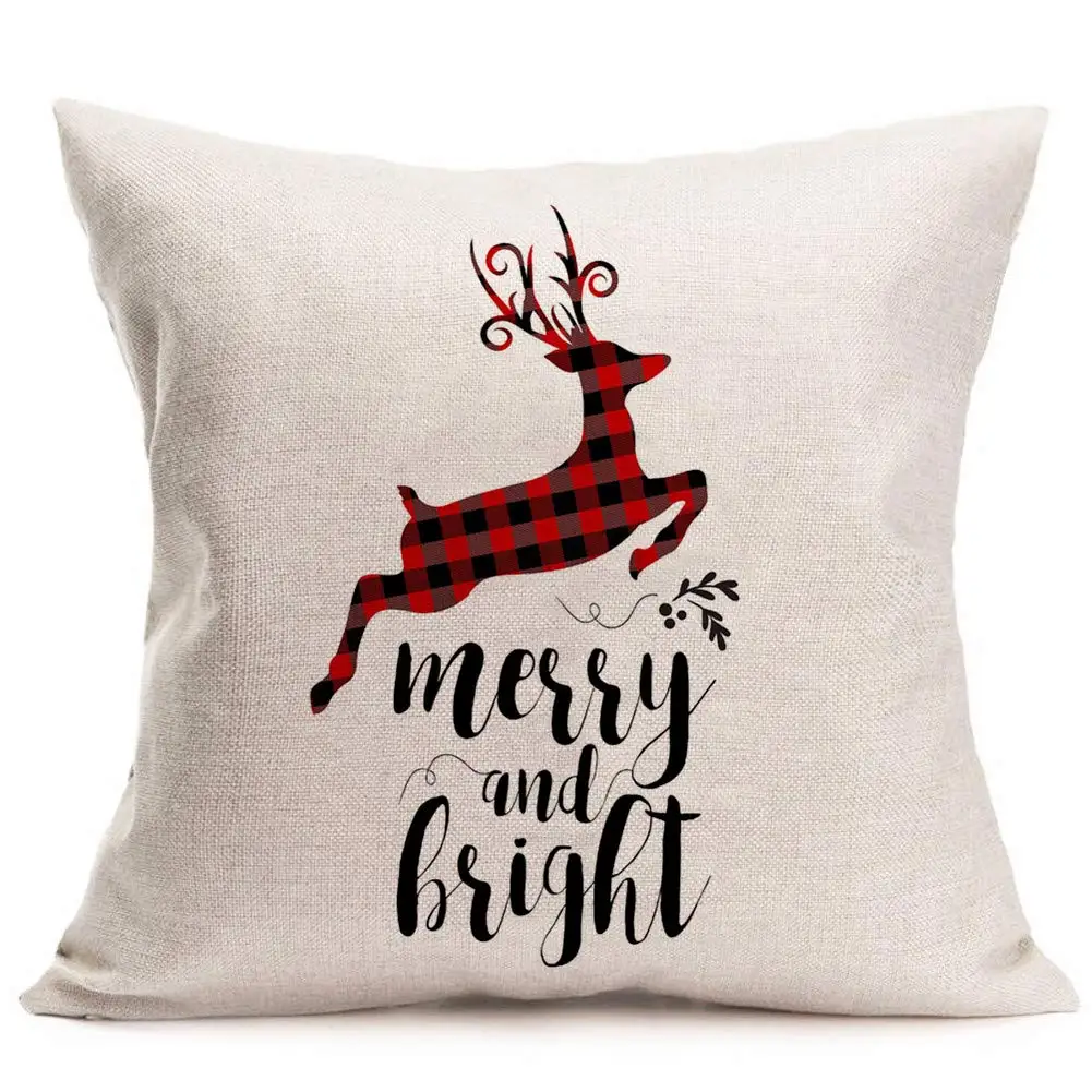 Черно-красная льняная наволочка в клетку с рождественским оленем для диванной