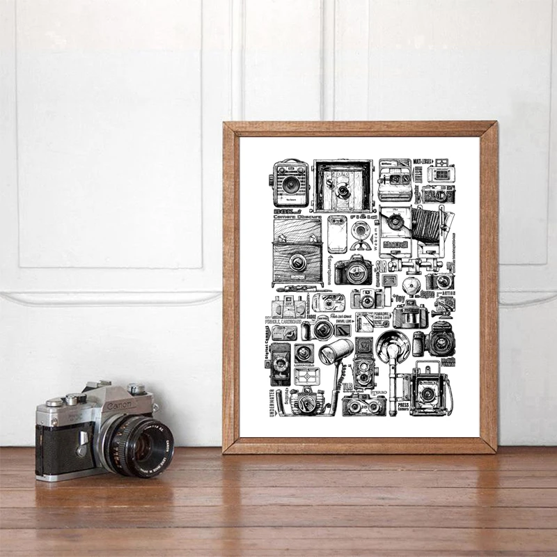 Винтажная Коллекция камер иллюстрации плакаты и принты черно-белая Картина на