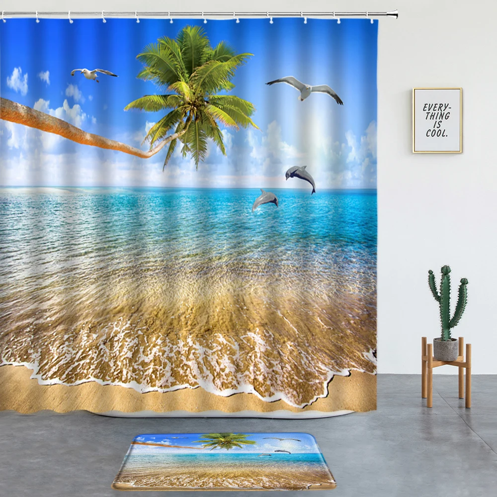 

Комплект занавесок для душа с изображением солнечного света и пляжа, коврик для ванной, морская пальма, дельфин, экран для ванной комнаты, ко...