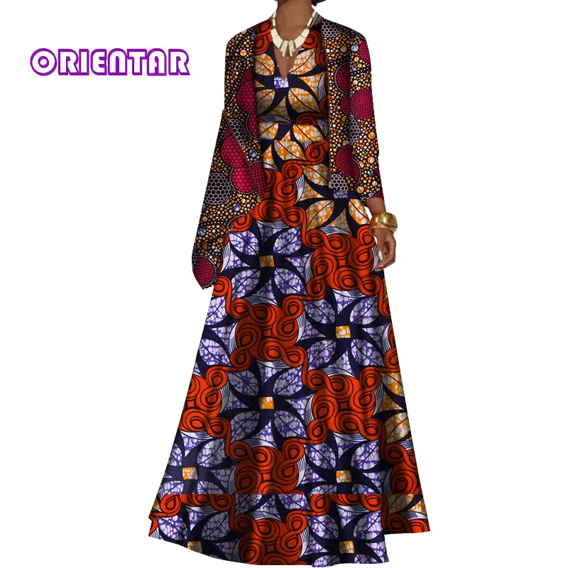 African Clothes For Women Long Dresses with Jacket Coat Bazin Riche African Print Elegant Deep V Neck Evening Party Dress WY491