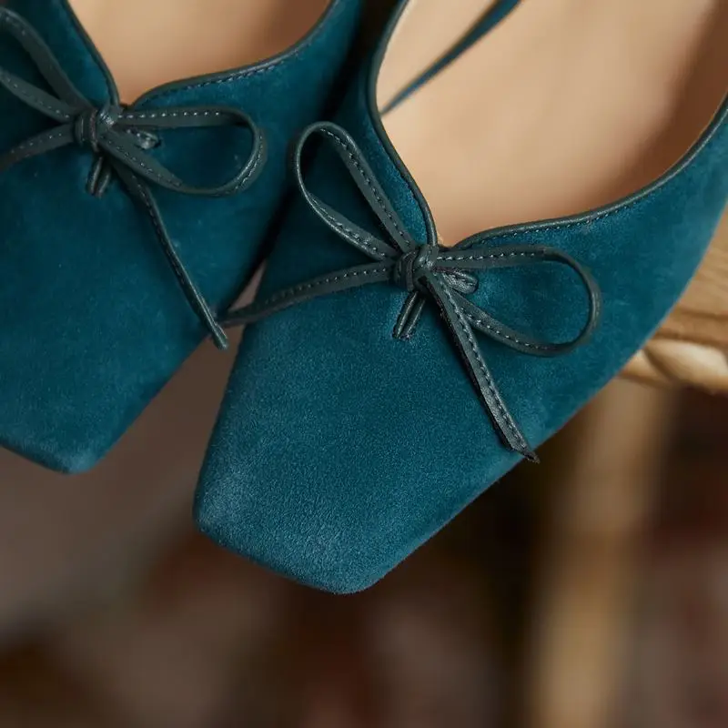 

ALLBITEFO size 34-43 bow design soft sheepskin genuine leather women heels shoes square toe fashion high heel shoes high heels
