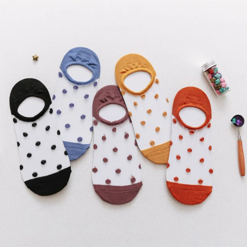 Женские летние тонкие японские хлопковые носки в горошек с нескользящей