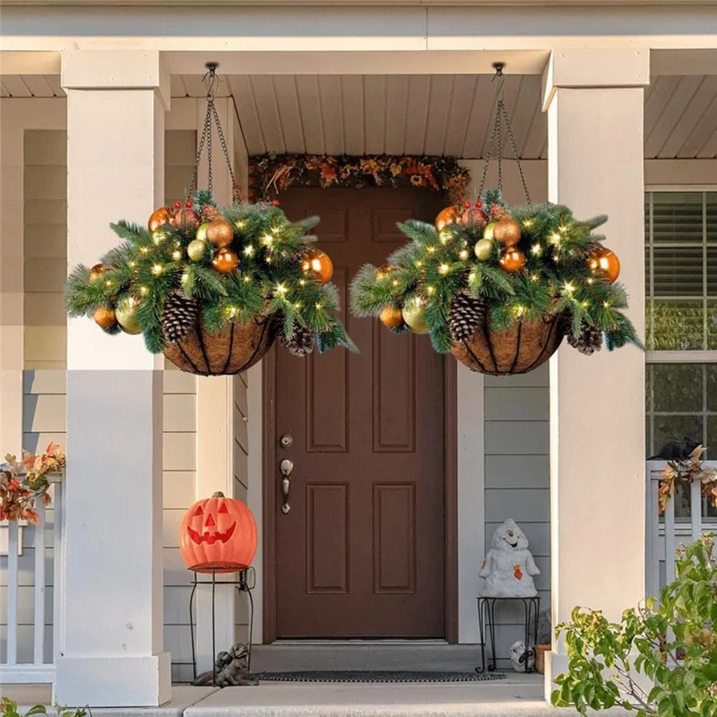 Artificial Christmas Hanging Basket Flocked with Mixed Decorations and LED Lights Ornament Xmas Home Decor Promotion | Дом и сад