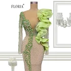Женское вечернее платье-русалка, длинное платье с V-образным вырезом, длинными рукавами и оборками, украшенное бусинами, для выпусквечерние вечера, 2021