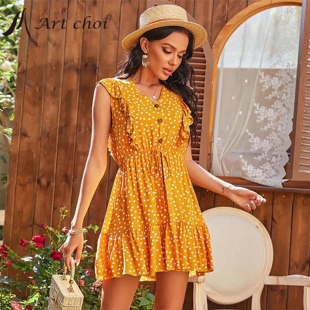 

Women Polka Dots Skirt Mini Dress Summer Beach A-Line V-Neck Sleeveless Ladies Casual Boho Party Vestido With Belt